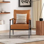 Mid-Century Modern Chair: Brown Faux Leather, Metal Frame, Wood Arms - for Living Room, Bedroom, Office