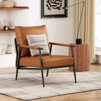Sedia Mid-Century Modern: Ecopelle Marrone, Struttura in Metallo, Braccioli in Legno - per Salotto, Camera da Letto, Ufficio
