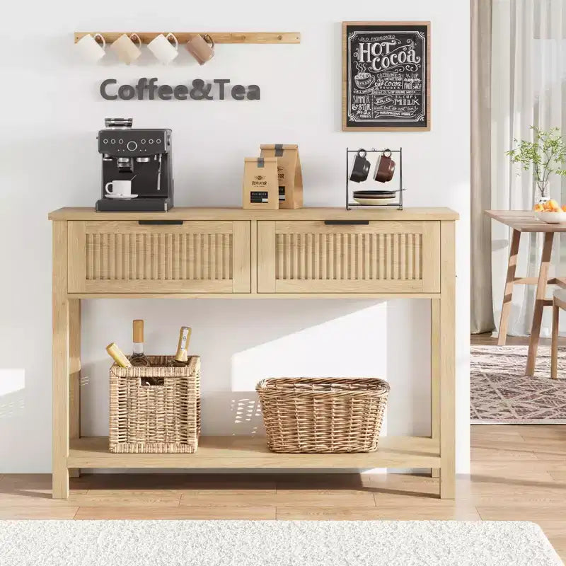 43" Fluted Console Table with Burlywood 2 Drawers, 2-Tier Wooden Entryway Sofa Table