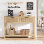 Tavolo Consolle Scanalato da 43" con 2 Cassetti Color Legno Chiaro, Tavolo da Divano in Legno a 2 Ripiani per Ingresso