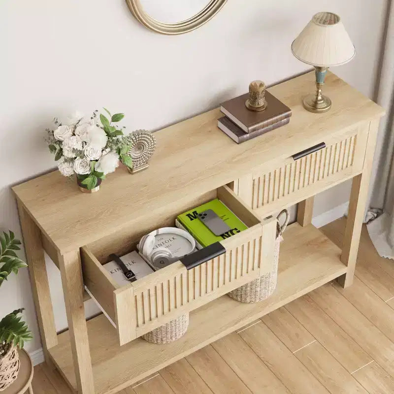 43" Fluted Console Table with Burlywood 2 Drawers, 2-Tier Wooden Entryway Sofa Table