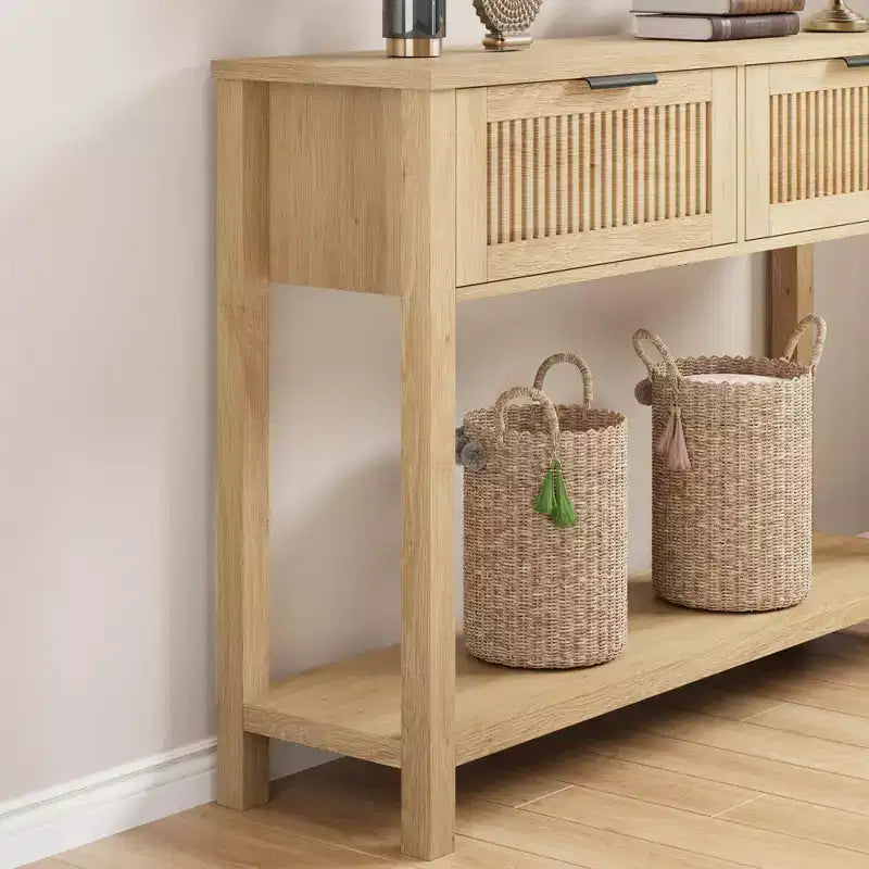 43" Fluted Console Table with Burlywood 2 Drawers, 2-Tier Wooden Entryway Sofa Table