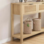 Tavolo Consolle Scanalato da 43" con 2 Cassetti Color Legno Chiaro, Tavolo da Divano in Legno a 2 Ripiani per Ingresso