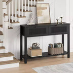 Tavolo Consolle Scanalato da 43" con 2 Cassetti Color Legno Chiaro, Tavolo da Divano in Legno a 2 Ripiani per Ingresso