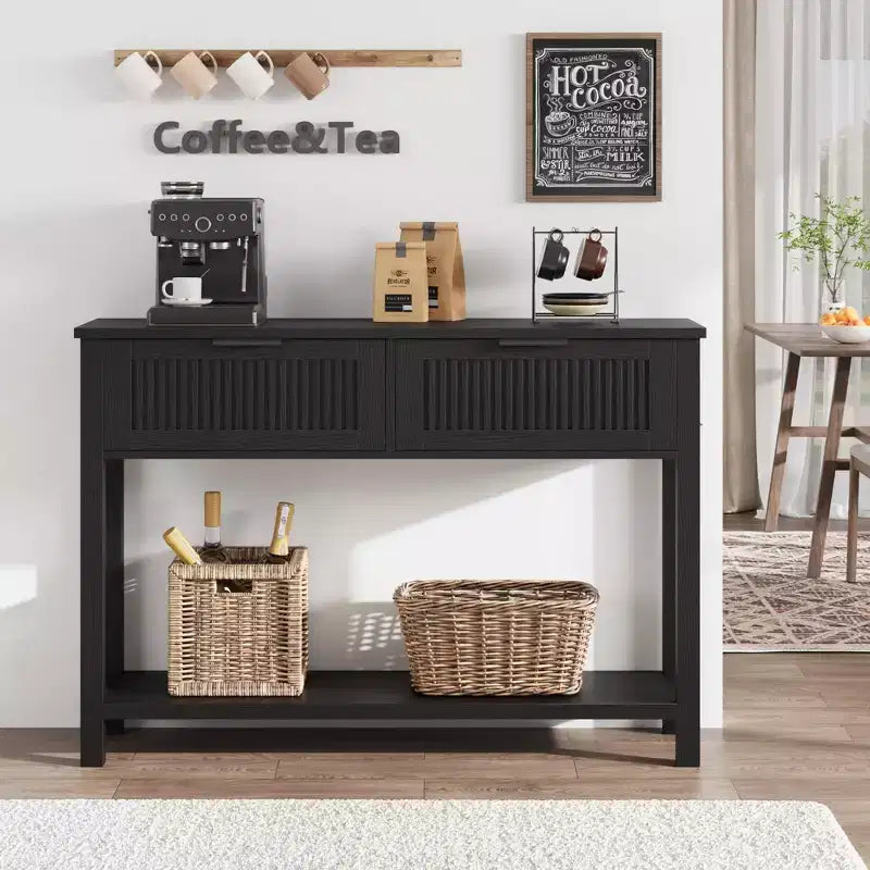 43" Fluted Console Table with Burlywood 2 Drawers, 2-Tier Wooden Entryway Sofa Table