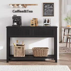 Tavolo Consolle Scanalato da 43" con 2 Cassetti Color Legno Chiaro, Tavolo da Divano in Legno a 2 Ripiani per Ingresso