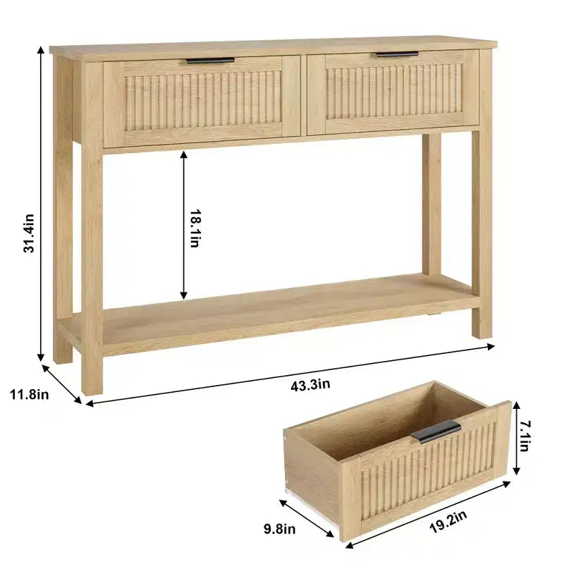 43" Fluted Console Table with Burlywood 2 Drawers, 2-Tier Wooden Entryway Sofa Table