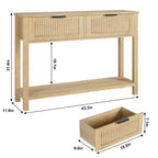 Tavolo Consolle Scanalato da 43" con 2 Cassetti Color Legno Chiaro, Tavolo da Divano in Legno a 2 Ripiani per Ingresso