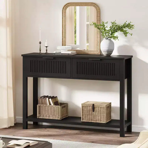 109.2 cm Fluted Console Table with Burlywood 2 Drawers, 2-Tier Wooden Entryway Sofa Table