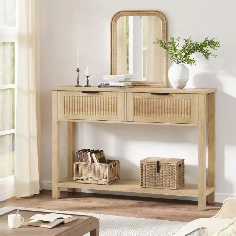 43" Fluted Console Table with Burlywood 2 Drawers, 2-Tier Wooden Entryway Sofa Table
