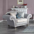 Poltrona di design 62" in Lino Grigio Chiaro e Finitura Platino
