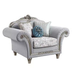 Poltrona di design 62" in Lino Grigio Chiaro e Finitura Platino