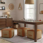 Castlebridge Pouf Tan - WyndenHall: Contemporary Square Ottoman, Removable Leather Cover, Abstract Pattern, 250 lb Capacity
