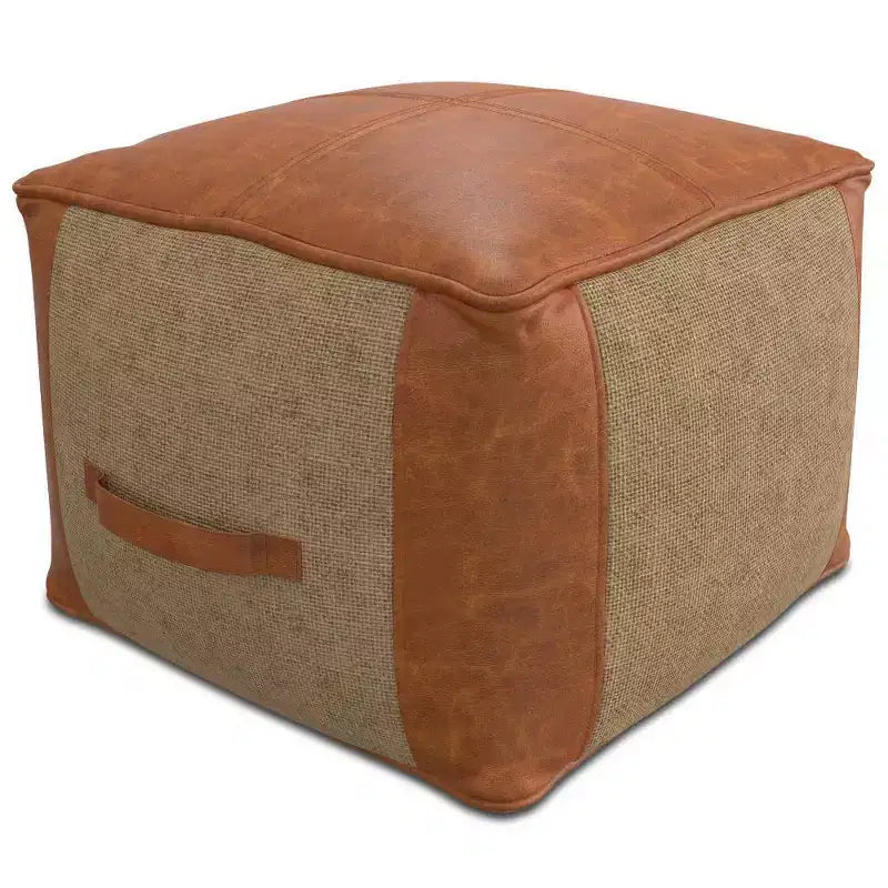 Pouf Tan - Contemporary Square Ottoman, Removable Leather Cover, Abstract Pattern, 250 lb Capacity
