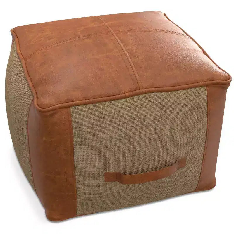 Pouf Tan - Contemporary Square Ottoman, Removable Leather Cover, Abstract Pattern, 250 lb Capacity
