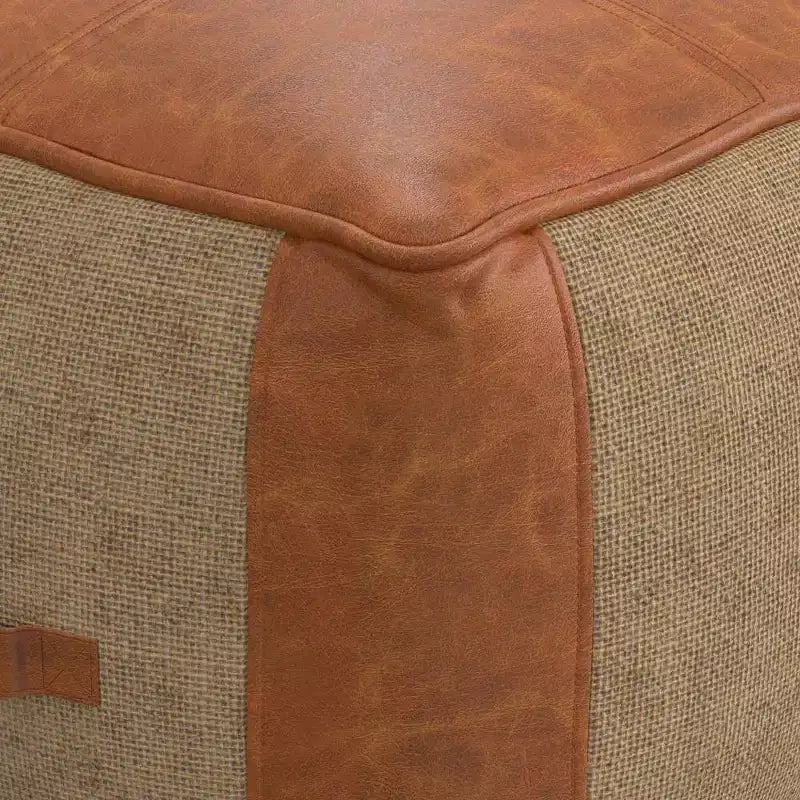 Pouf Tan - Contemporary Square Ottoman, Removable Leather Cover, Abstract Pattern, 250 lb Capacity