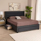 Letto matrimoniale con base a piattaforma in tessuto e legno, e cassetti contenitore