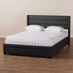 Letto matrimoniale con base a piattaforma in tessuto e legno, e cassetti contenitore
