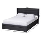 Letto matrimoniale con base a piattaforma in tessuto e legno, e cassetti contenitore