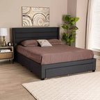 Letto matrimoniale con base a piattaforma in tessuto e legno, e cassetti contenitore