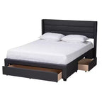 Letto matrimoniale con base a piattaforma in tessuto e legno, e cassetti contenitore