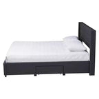 Letto matrimoniale con base a piattaforma in tessuto e legno, e cassetti contenitore