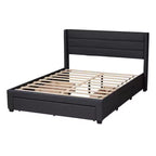 Letto matrimoniale con base a piattaforma in tessuto e legno, e cassetti contenitore