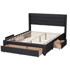 Letto matrimoniale con base a piattaforma in tessuto e legno, e cassetti contenitore