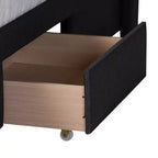 Letto matrimoniale con base a piattaforma in tessuto e legno, e cassetti contenitore