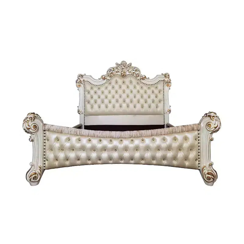 96" Eastern King Bed Antique Pearl Finish - Luxury Upholstered Tufted Headboard, Faux Leather, Glam Style