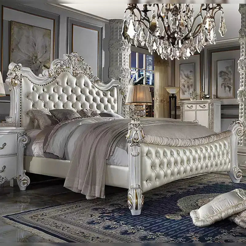 96" Eastern King Bed Antique Pearl Finish - Luxury Upholstered Tufted Headboard, Faux Leather, Glam Style