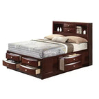 Letto King size orientale da 91" Espresso - Rivestimento in lino, struttura in legno, testiera con vano contenitore