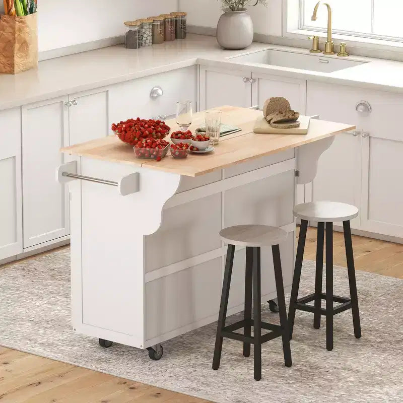 Rolling Kitchen Island on Wheels, Kitchen Cart with Solid Wood Drop Leaf Breakfast Bar, Storage Drawers, 4-Door Cabinets, Spice Rack