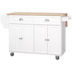 Isola da Cucina con Ruote, Carrello da Cucina con Bancone a Ribalta in Legno Massello, Cassetti Contenitori, Armadietti a 4 Ante, Portaspezie