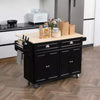 Isola da Cucina con Ruote, Carrello da Cucina con Bancone a Ribalta in Legno Massello, Cassetti Contenitori, Armadietti a 4 Ante, Portaspezie
