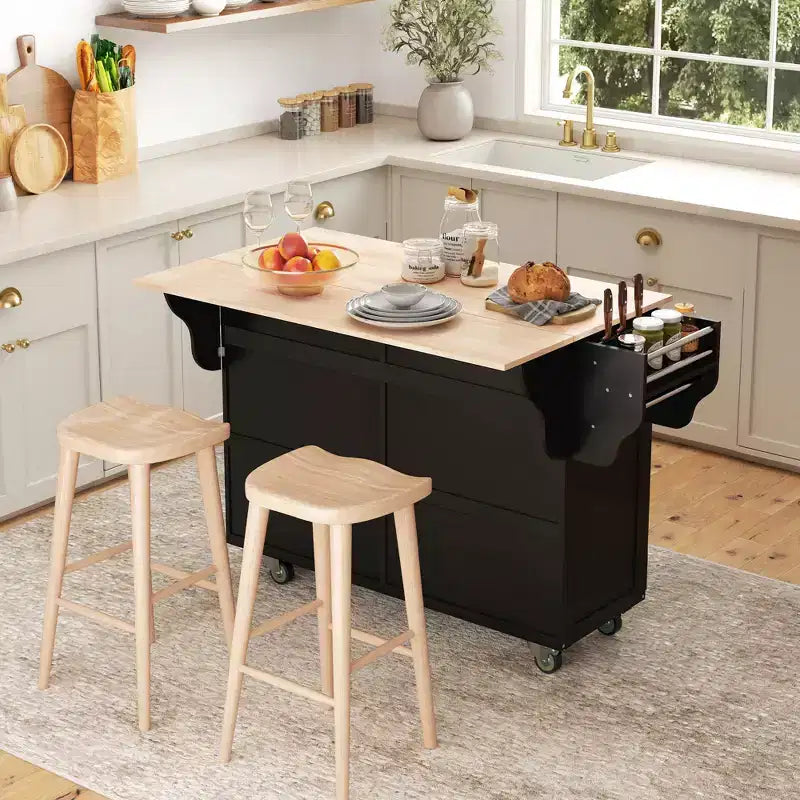 Rolling Kitchen Island on Wheels, Kitchen Cart with Solid Wood Drop Leaf Breakfast Bar, Storage Drawers, 4-Door Cabinets, Spice Rack