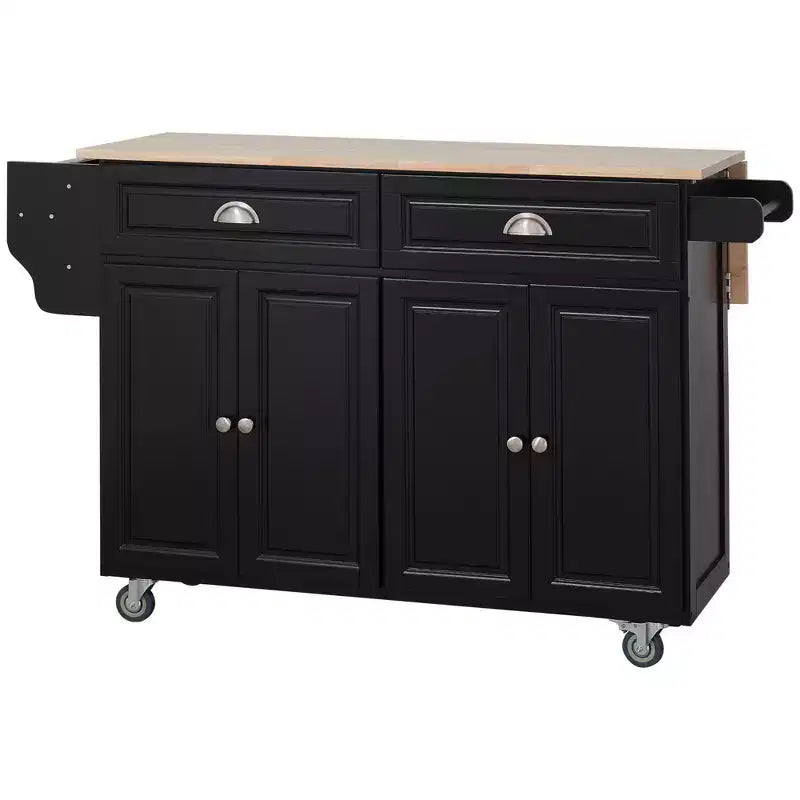 Rolling Kitchen Island on Wheels, Kitchen Cart with Solid Wood Drop Leaf Breakfast Bar, Storage Drawers, 4-Door Cabinets, Spice Rack