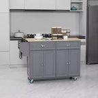Isola da Cucina con Ruote, Carrello da Cucina con Bancone a Ribalta in Legno Massello, Cassetti Contenitori, Armadietti a 4 Ante, Portaspezie