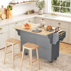 Isola da Cucina con Ruote, Carrello da Cucina con Bancone a Ribalta in Legno Massello, Cassetti Contenitori, Armadietti a 4 Ante, Portaspezie