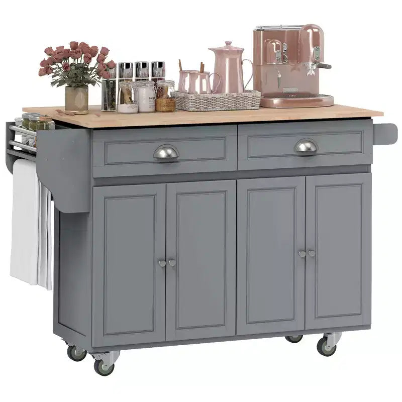 Rolling Kitchen Island on Wheels, Kitchen Cart with Solid Wood Drop Leaf Breakfast Bar, Storage Drawers, 4-Door Cabinets, Spice Rack