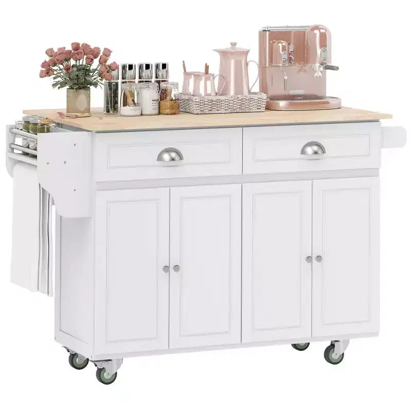 Rolling Kitchen Island on Wheels, Kitchen Cart with Solid Wood Drop Leaf Breakfast Bar, Storage Drawers, 4-Door Cabinets, Spice Rack