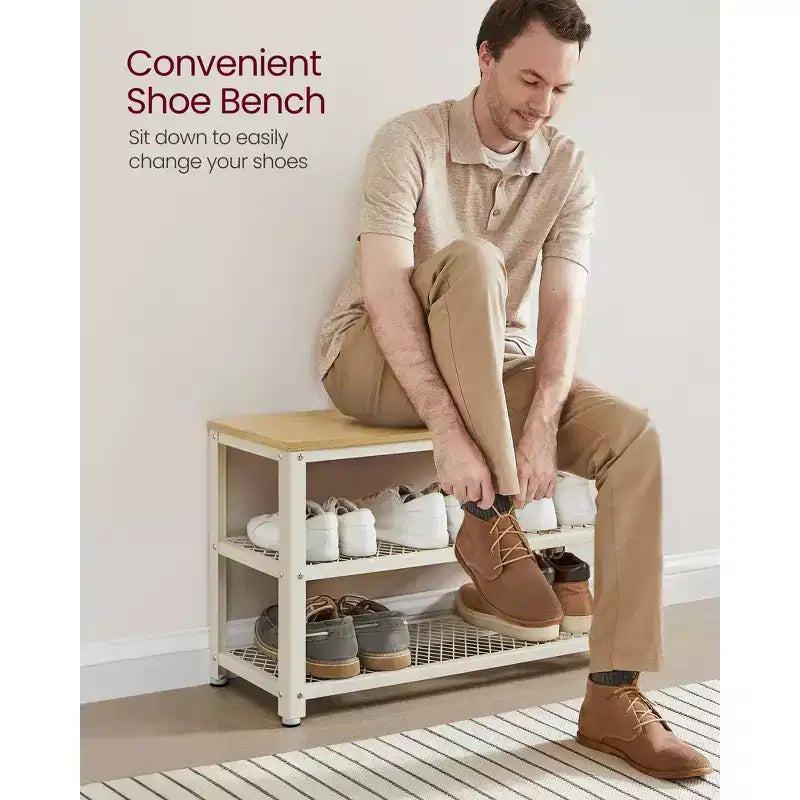 28.7 Shoe Rack Bench 3-Tier Shoe Shelf Storage Bench with Metal Mesh Shelves and Seat Shoe Rack