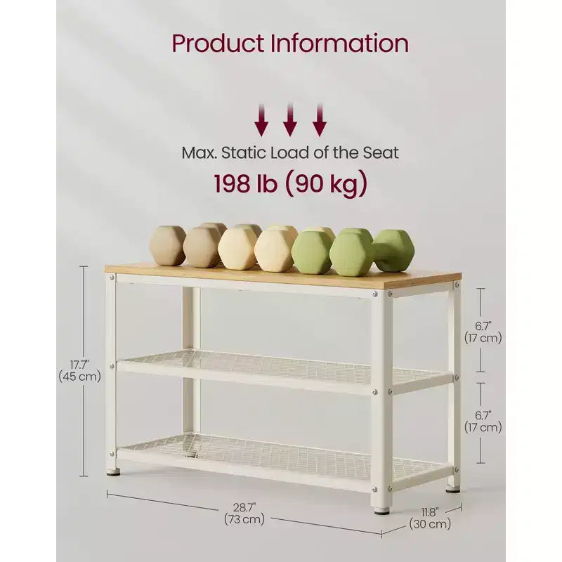 28.7 Shoe Rack Bench 3-Tier Shoe Shelf Storage Bench with Metal Mesh Shelves and Seat Shoe Rack
