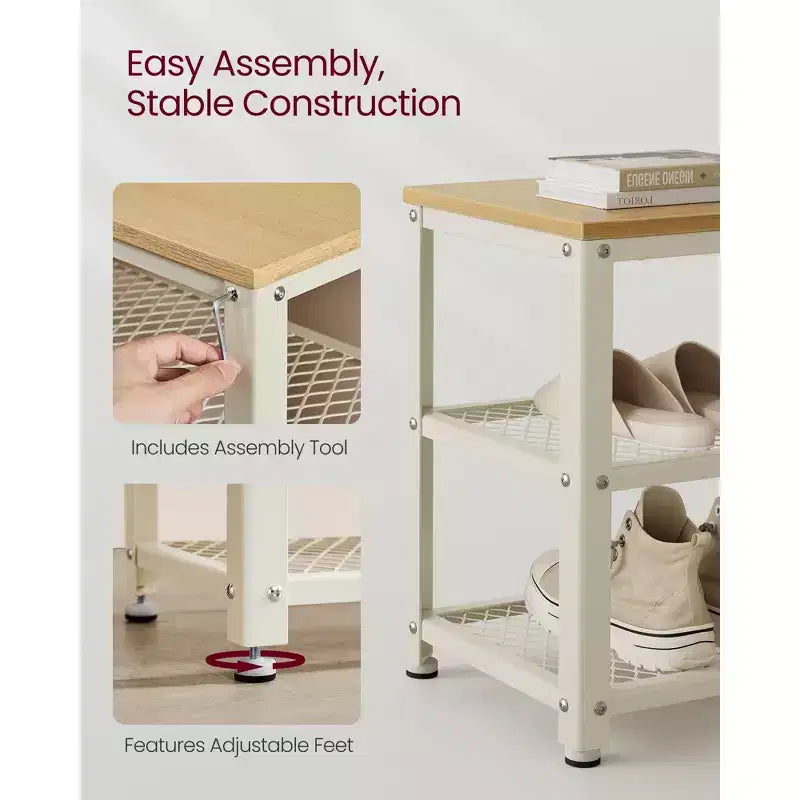 28.7 Shoe Rack Bench 3-Tier Shoe Shelf Storage Bench with Metal Mesh Shelves and Seat Shoe Rack
