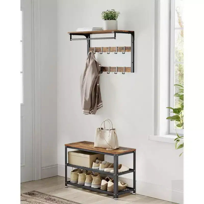 28.7 Shoe Rack Bench 3-Tier Shoe Shelf Storage Bench with Metal Mesh Shelves and Seat Shoe Rack