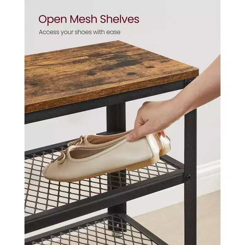 28.7 Shoe Rack Bench 3-Tier Shoe Shelf Storage Bench with Metal Mesh Shelves and Seat Shoe Rack