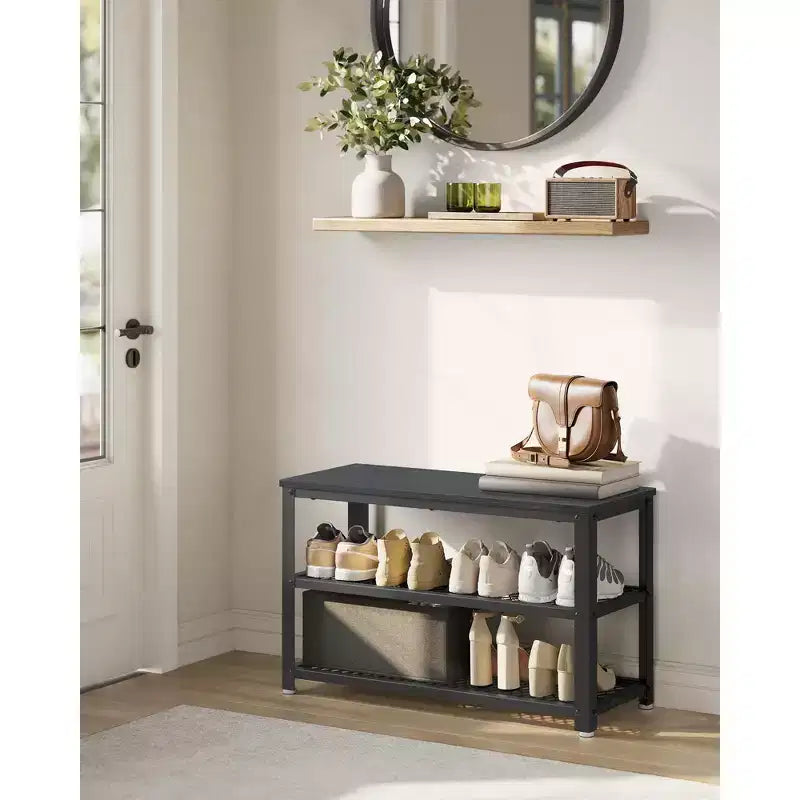 28.7 Shoe Rack Bench 3-Tier Shoe Shelf Storage Bench with Metal Mesh Shelves and Seat Shoe Rack