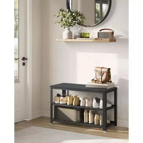 28.7 Shoe Rack Bench 3-Tier Shoe Shelf Storage Bench with Metal Mesh Shelves and Seat Shoe Rack
