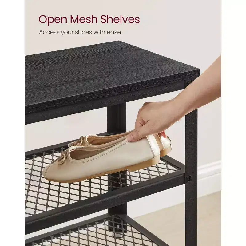 28.7 Shoe Rack Bench 3-Tier Shoe Shelf Storage Bench with Metal Mesh Shelves and Seat Shoe Rack