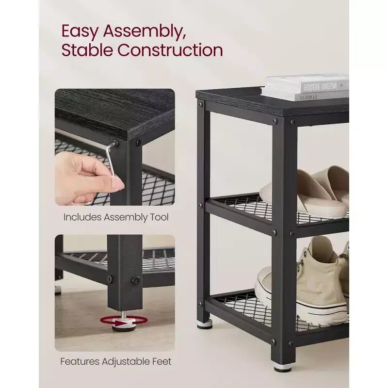 28.7 Shoe Rack Bench 3-Tier Shoe Shelf Storage Bench with Metal Mesh Shelves and Seat Shoe Rack